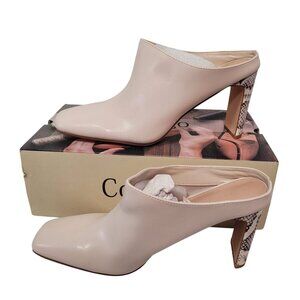 COUTGO Women's Square Toe Mules Snakeskin High Heel Ankle Boots Beige Size 10